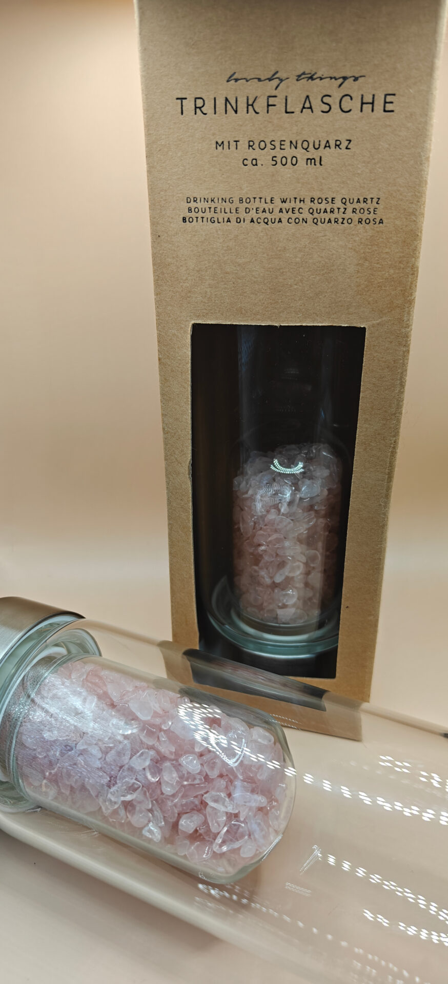 Glastrinkflasche mit Rosenquarz | ca. 500ml